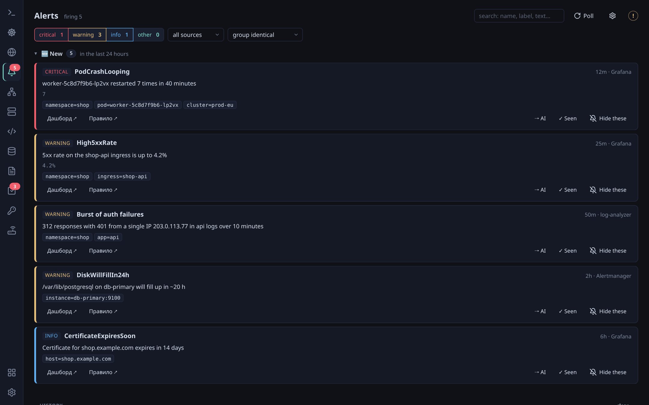 Alert cards with actions