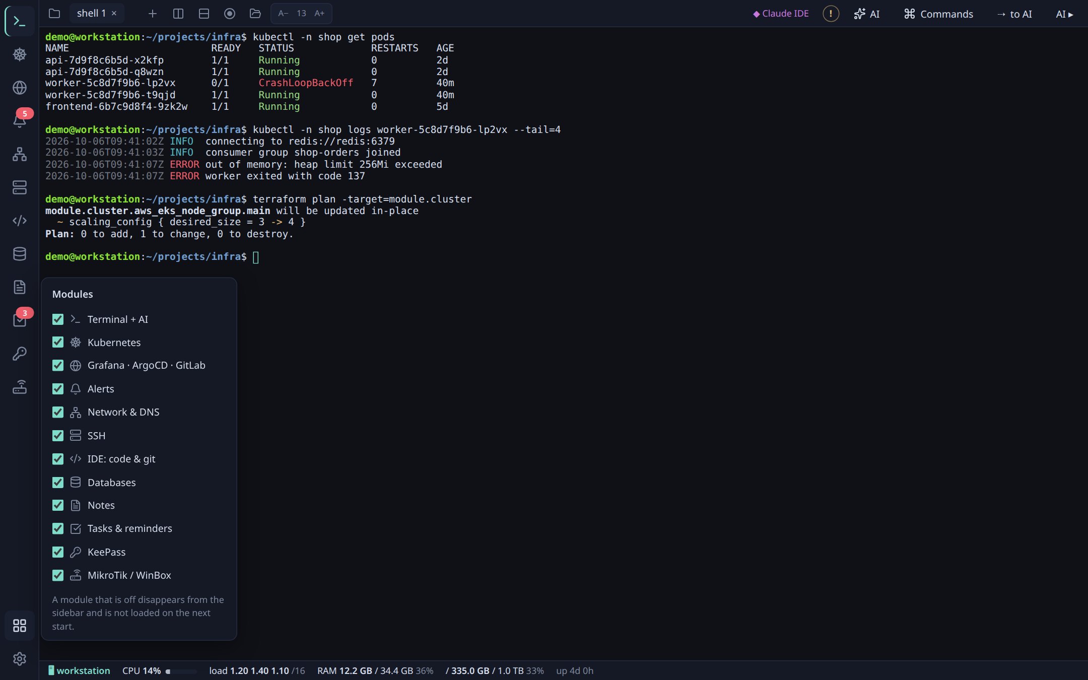 Modules menu with checkboxes