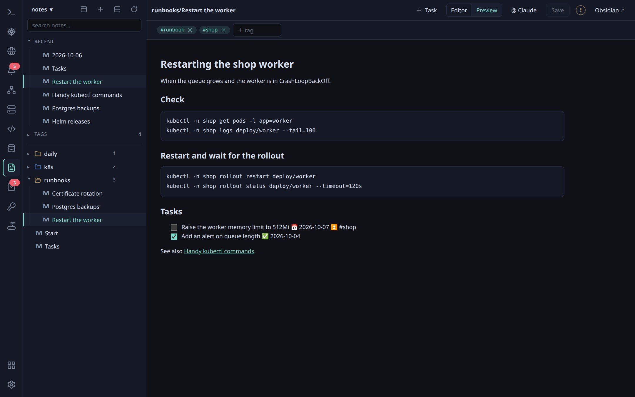 A runbook note with commands and tasks