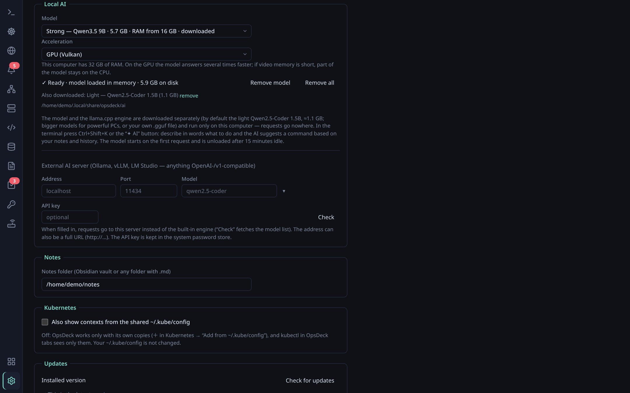 Local AI settings: model, acceleration, external server