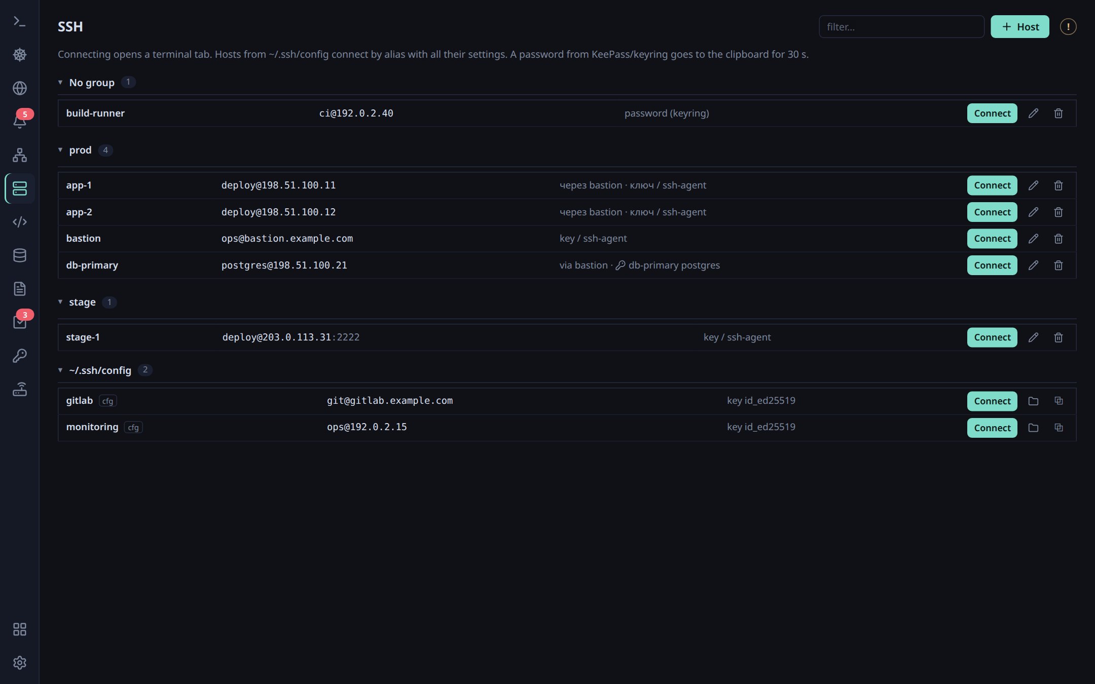 SSH hosts in groups