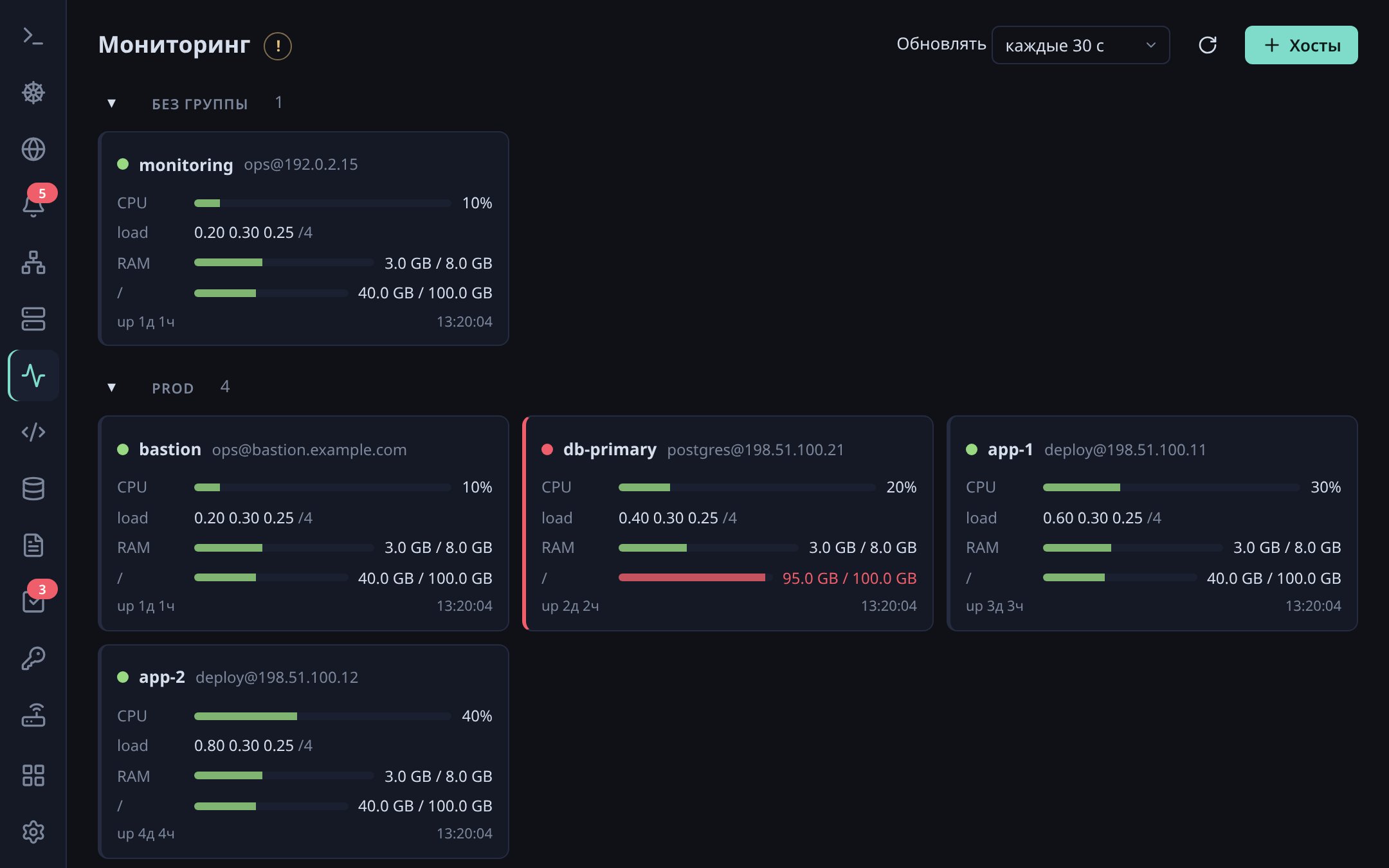 Доска мониторинга SSH-хостов